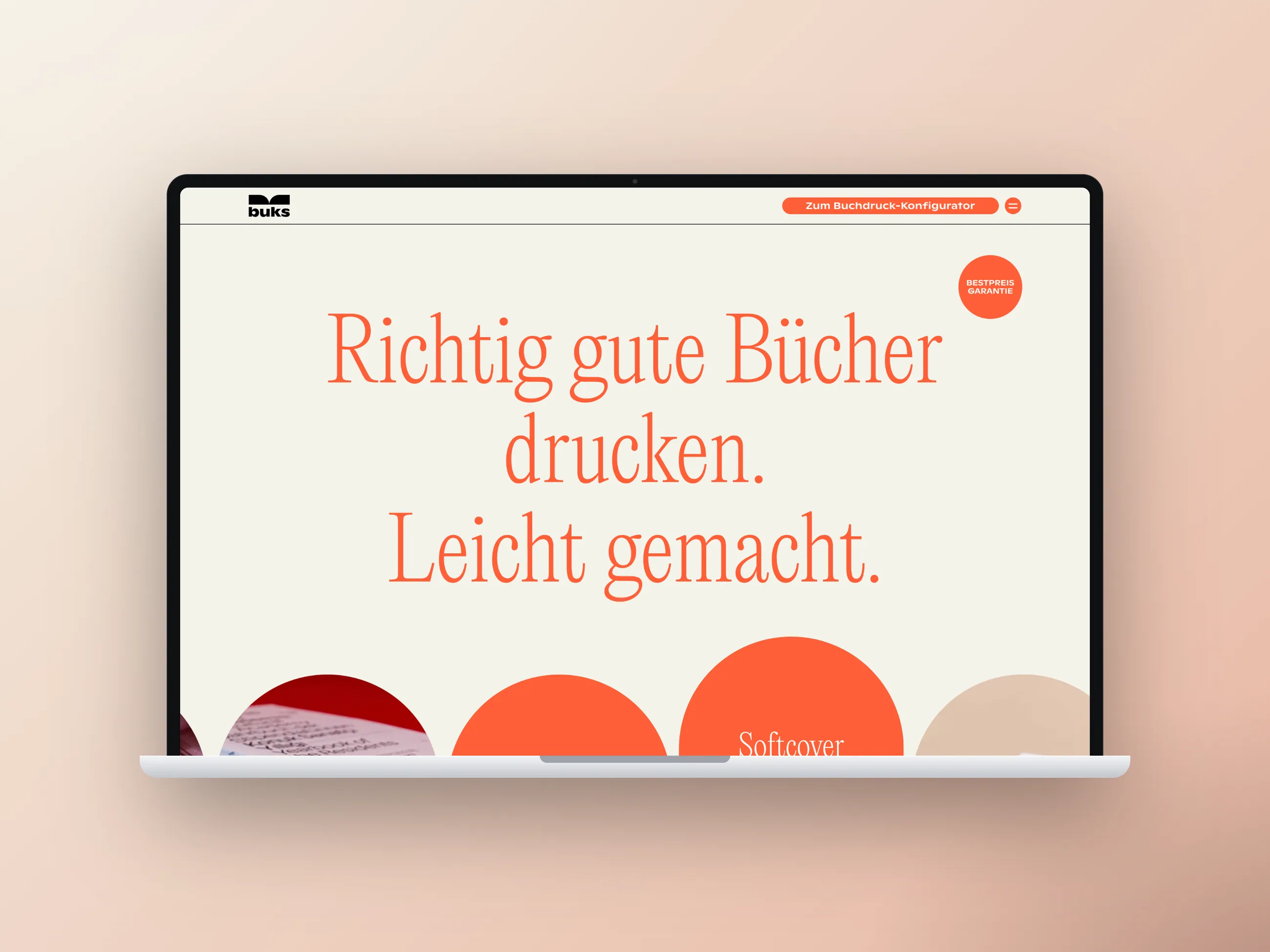 Website der Buchdruck-Agentur buks, Desktop-Ansicht im Laptop-Mockup