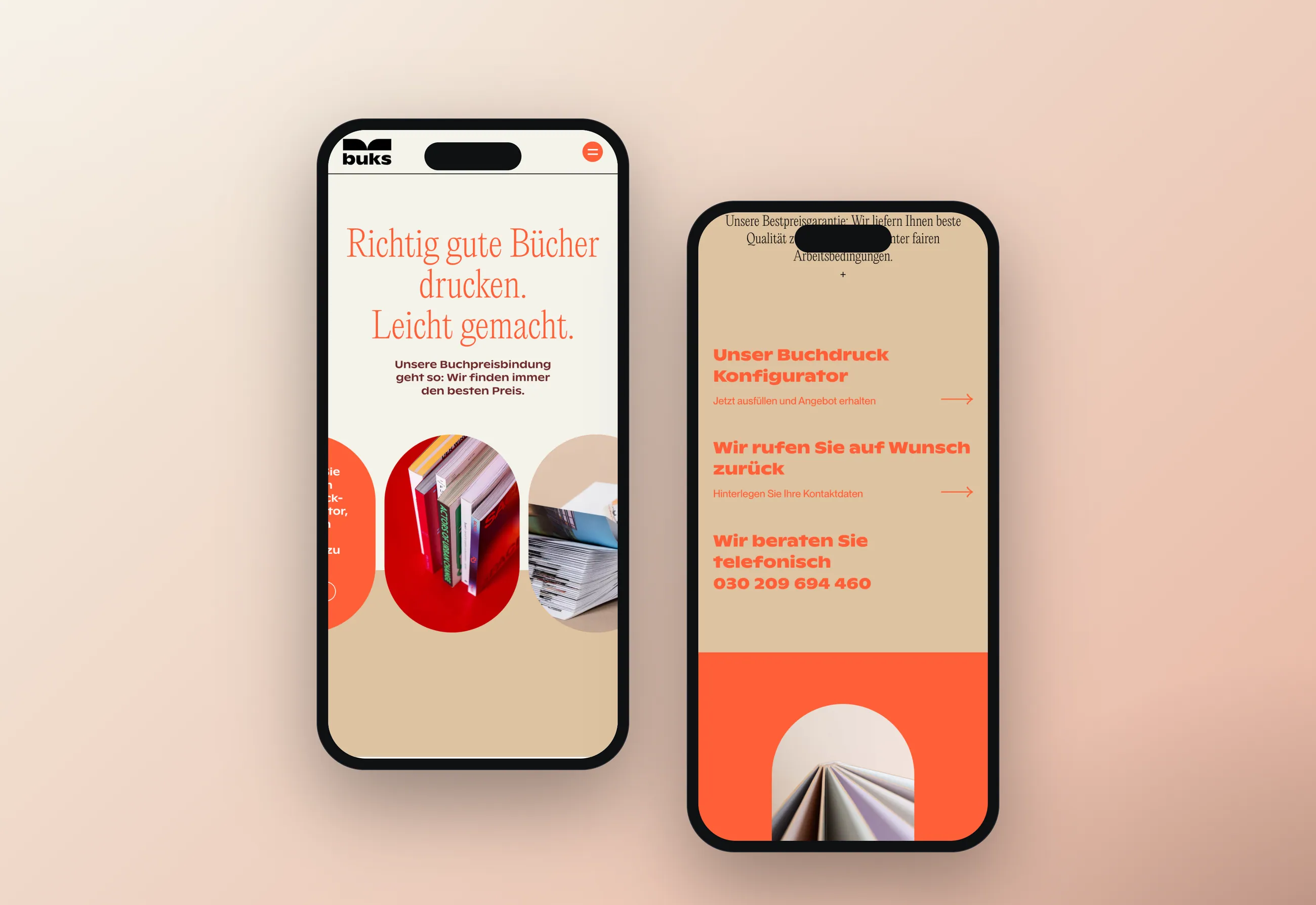 Website der Buchdruck-Agentur buks, mobile Ansichten in Smartphone-Mockups