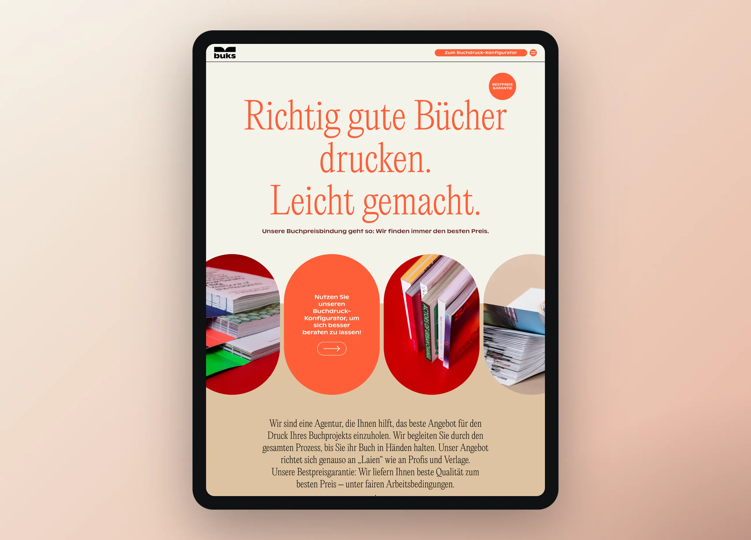 Website der Buchdruck-Agentur buks, Tablet-Ansicht