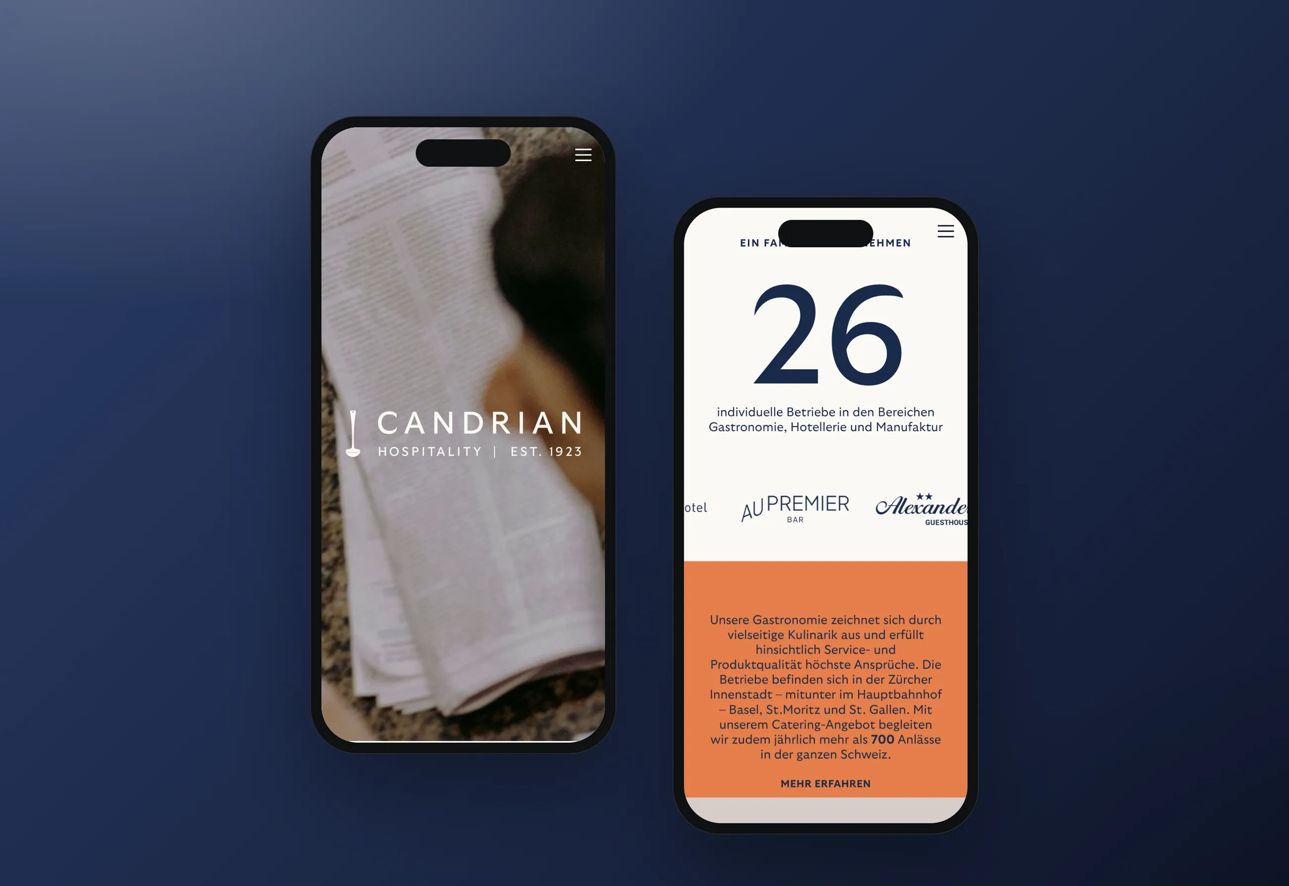 Candrian hospitality group website, mobile views in smartphone mockups