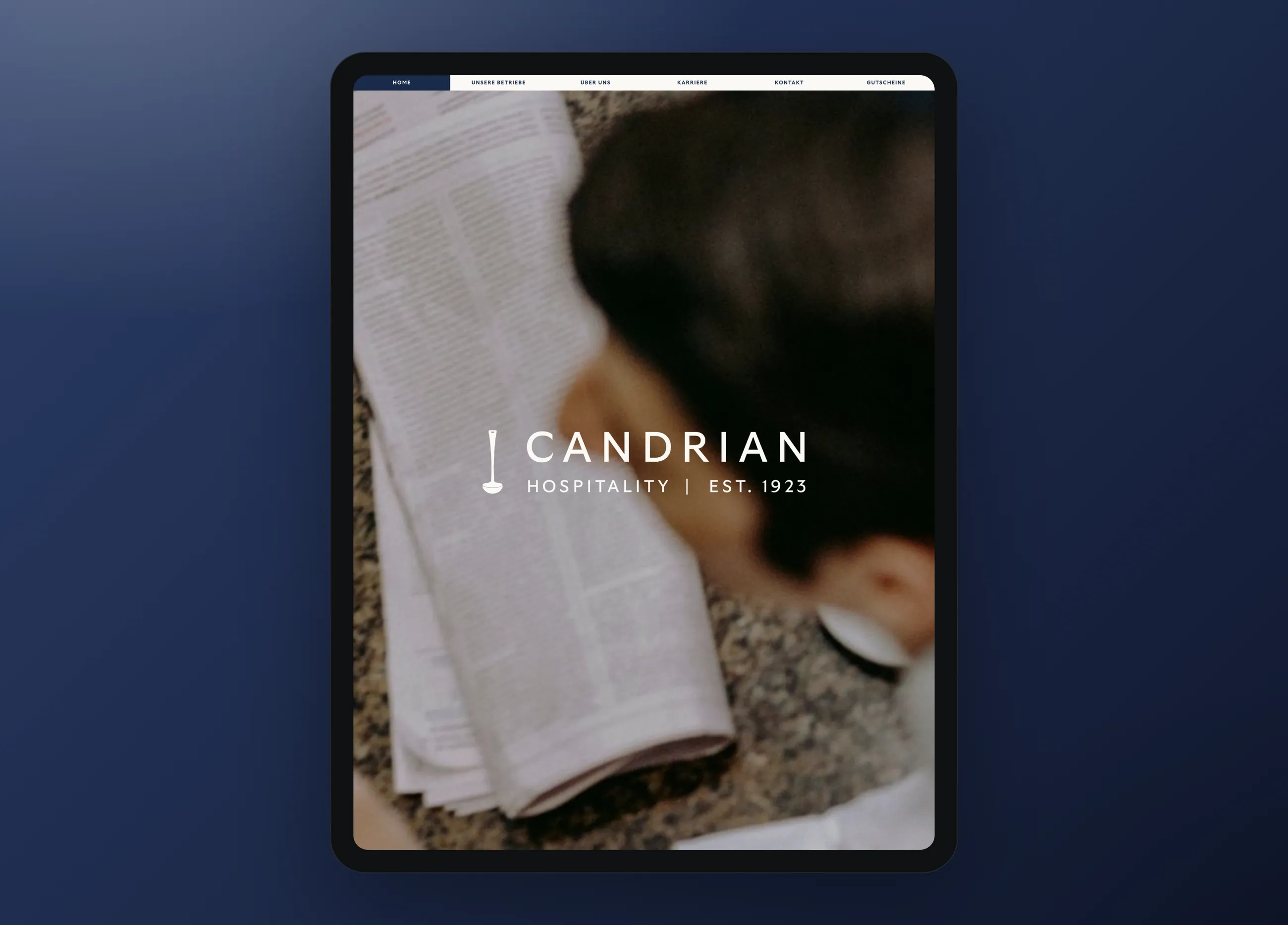 Candrian hospitality group website, tablet view