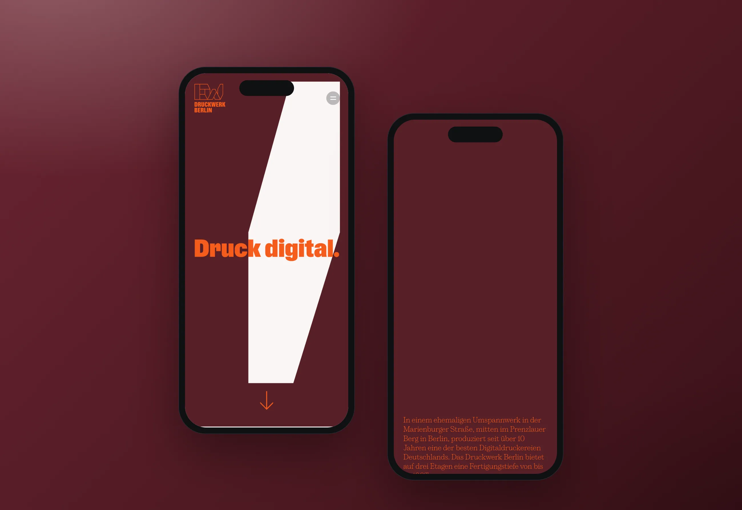 Druckwerk Berlin digital print shop website, mobile views in smartphone mockups