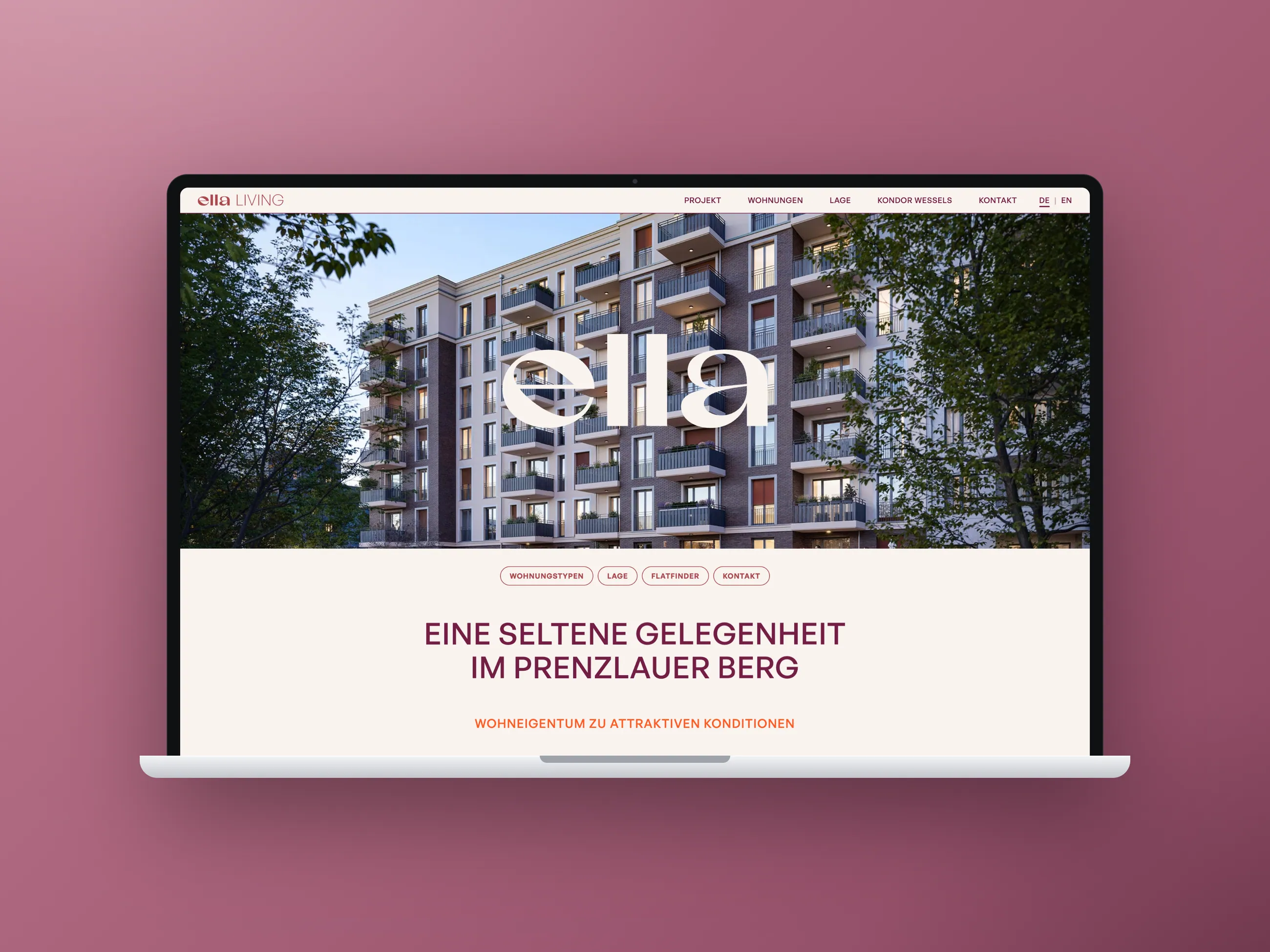 Website des Wohnprojekts ELLA LIVING, Desktop-Ansicht im Laptop-Mockup