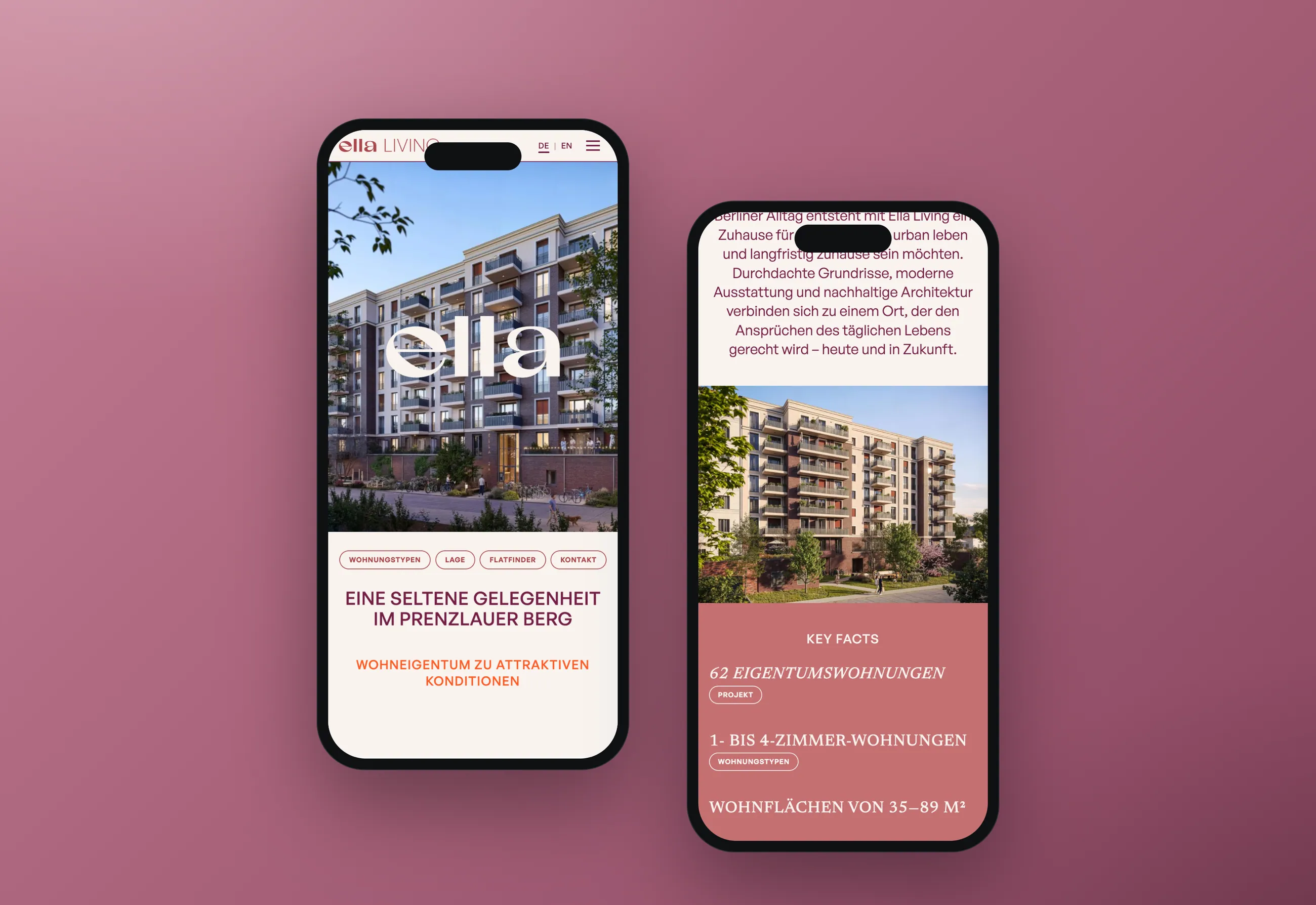 Website des Wohnprojekts ELLA LIVING, mobile Ansichten in Smartphone-Mockups