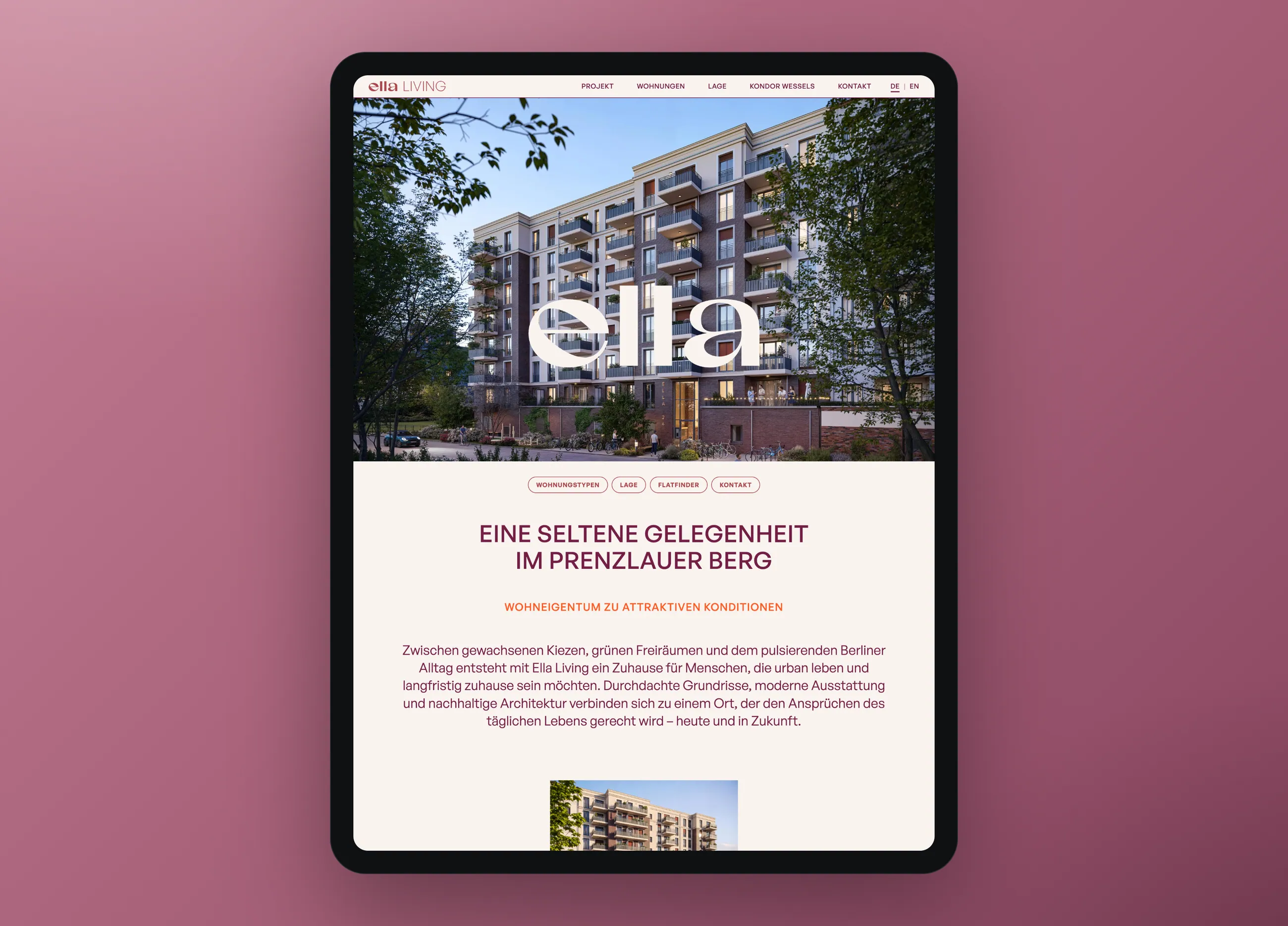 Website des Wohnprojekts ELLA LIVING, Tablet-Ansicht