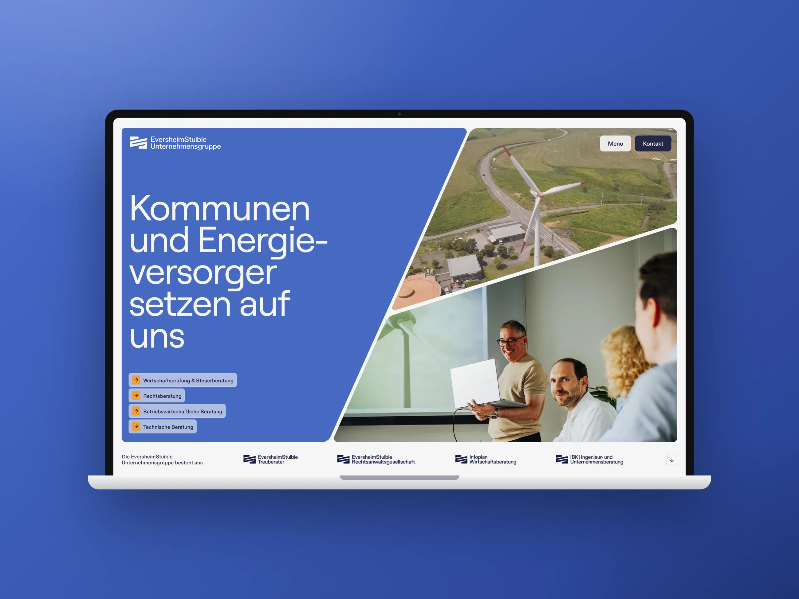 Website der Beratungsgruppe EversheimStuible, Desktop-Ansicht im Laptop-Mockup