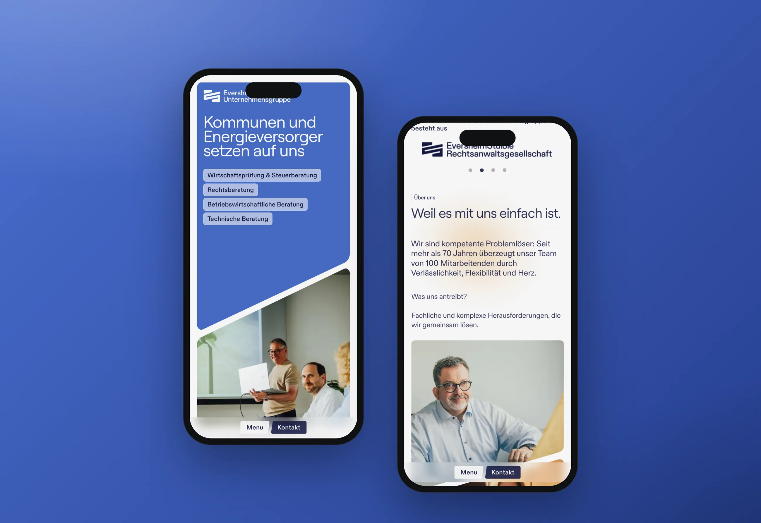 EversheimStuible consulting group website, mobile views in smartphone mockups