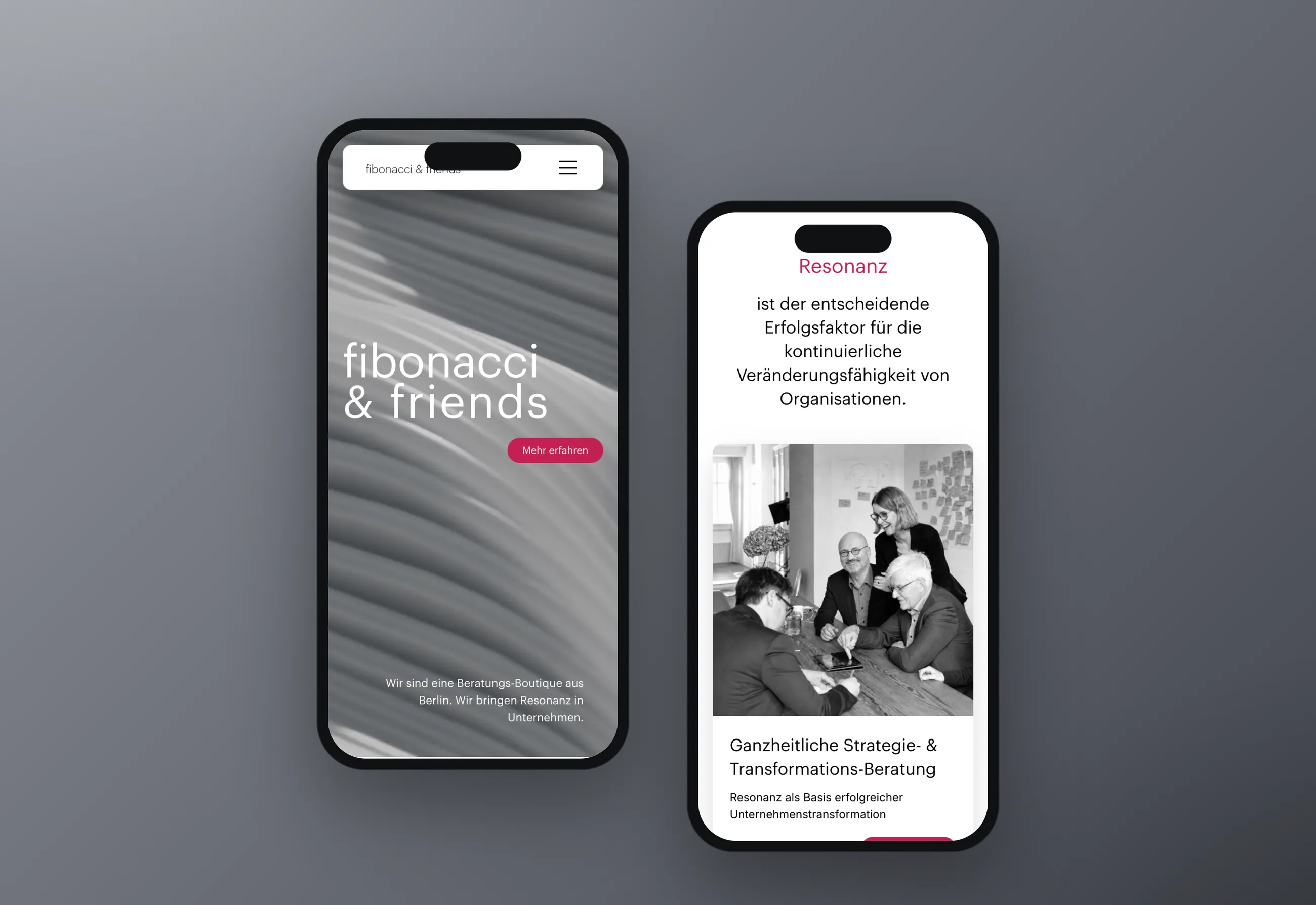 fibonacci and friends consulting boutique website, mobile views in smartphone mockups