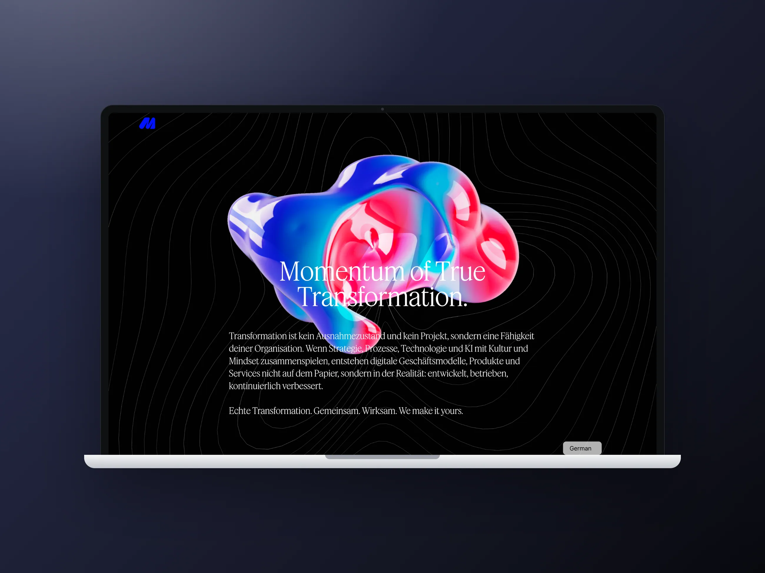 MOCEAN transformation consultancy website, desktop view in a laptop mockup