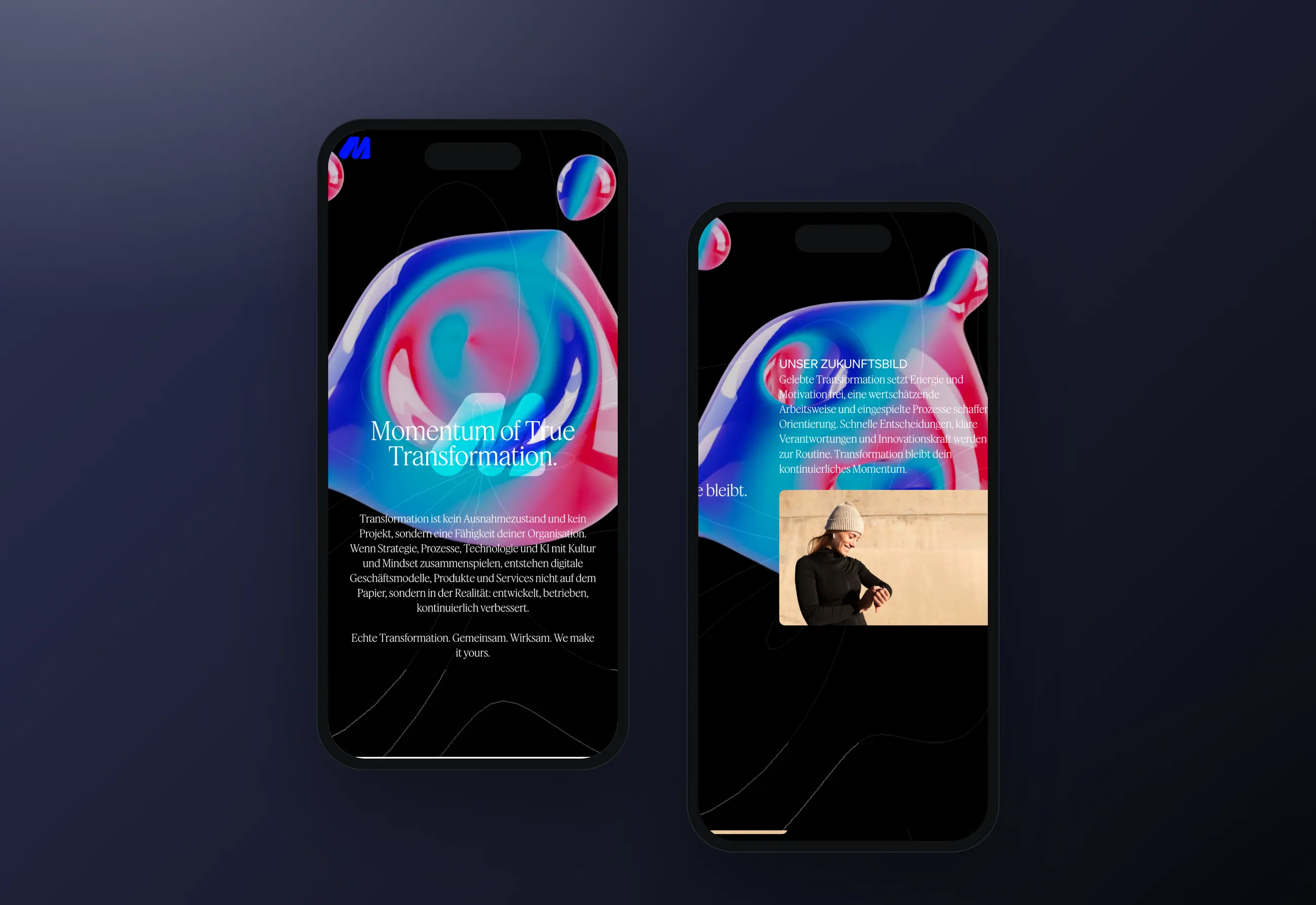 MOCEAN transformation consultancy website, mobile views in smartphone mockups