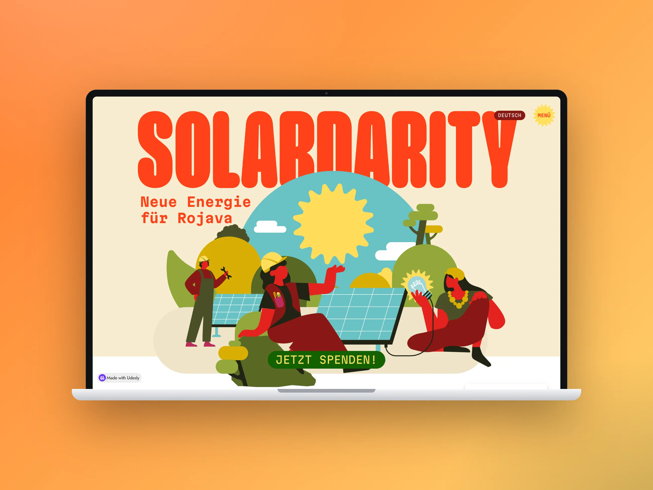 Solardarity campaign website for solar energy in Rojava, desktop view in a laptop mockup