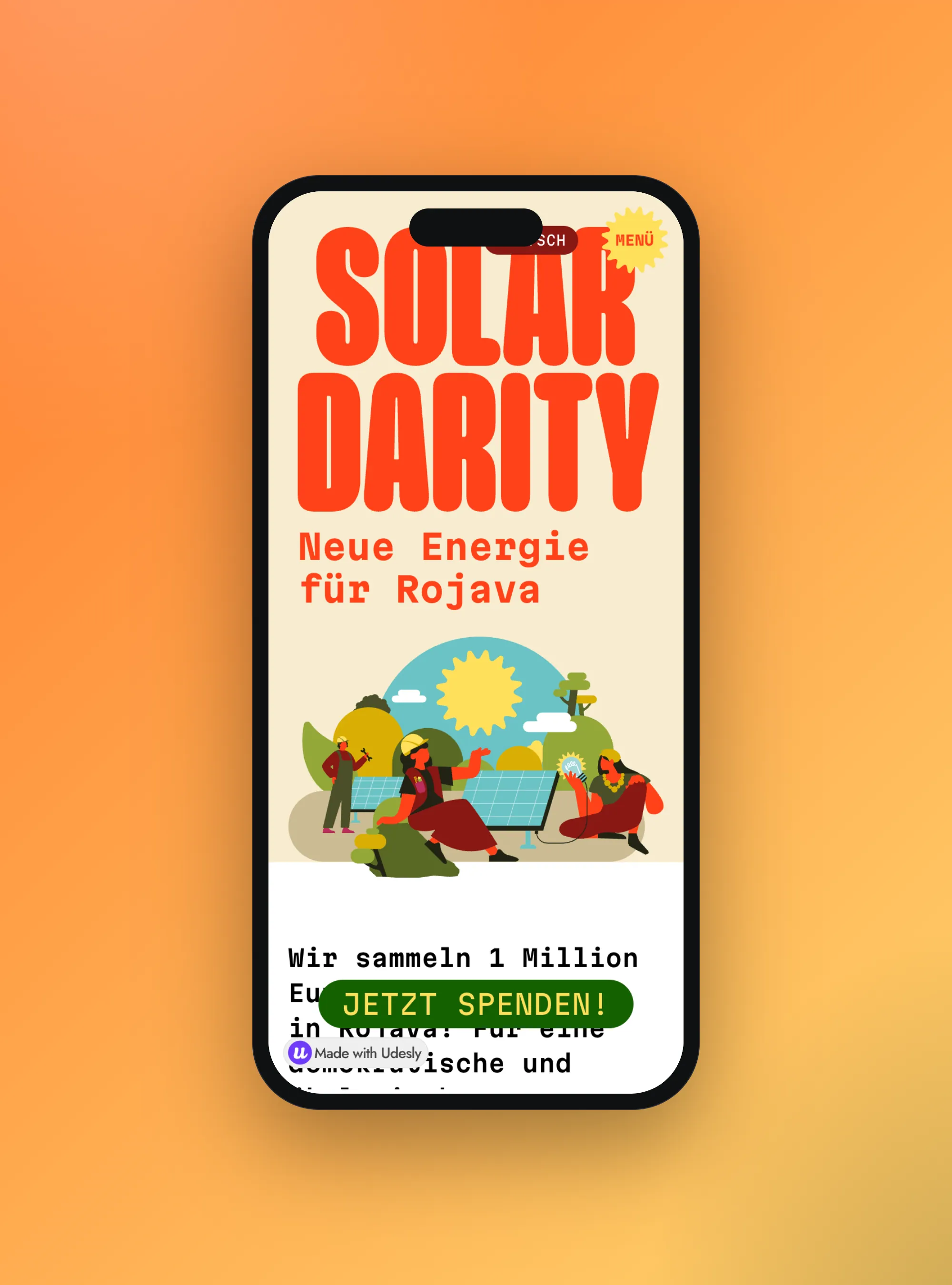 Solardarity campaign website for solar energy in Rojava, mobile view