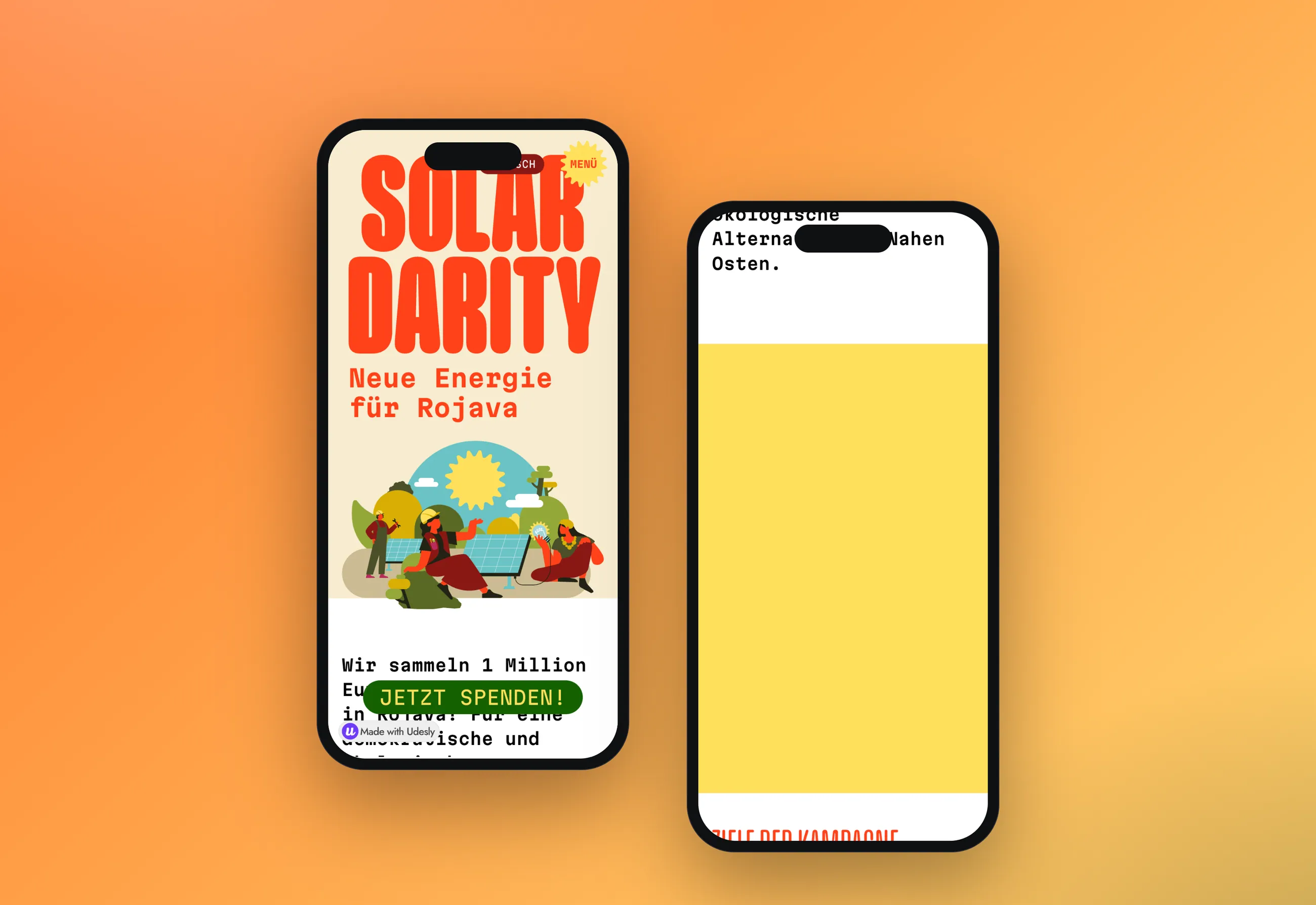 Solardarity campaign website for solar energy in Rojava, mobile views in smartphone mockups