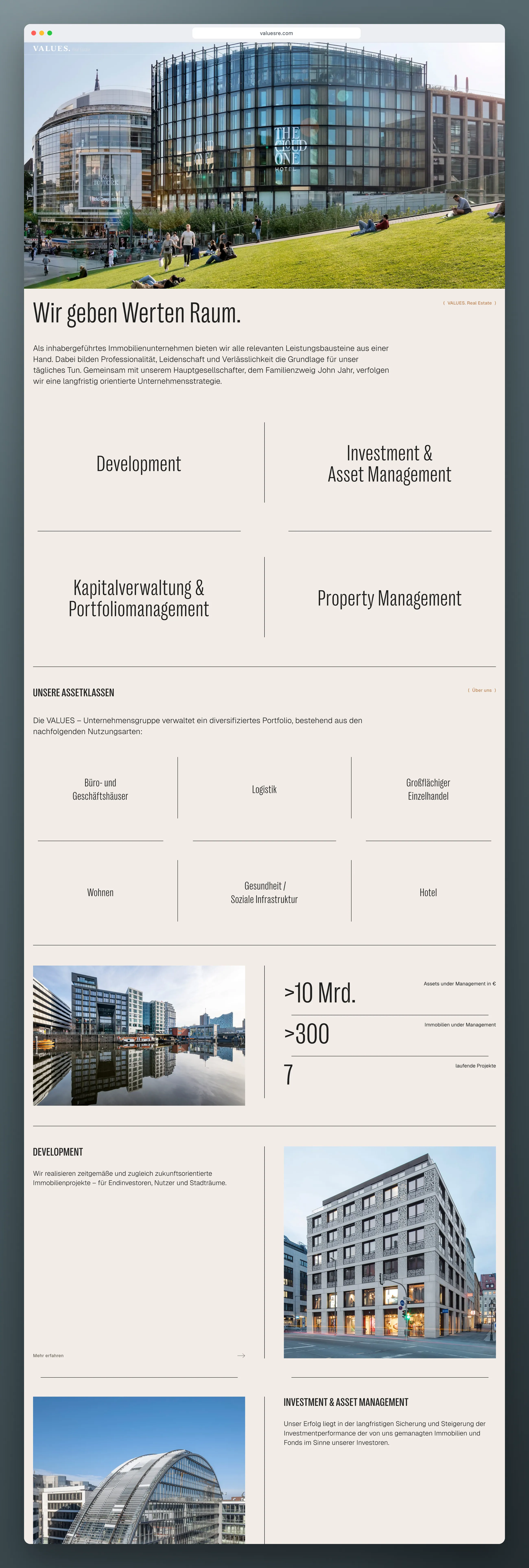 VALUES. Real Estate corporate website, full homepage screenshot in a browser window