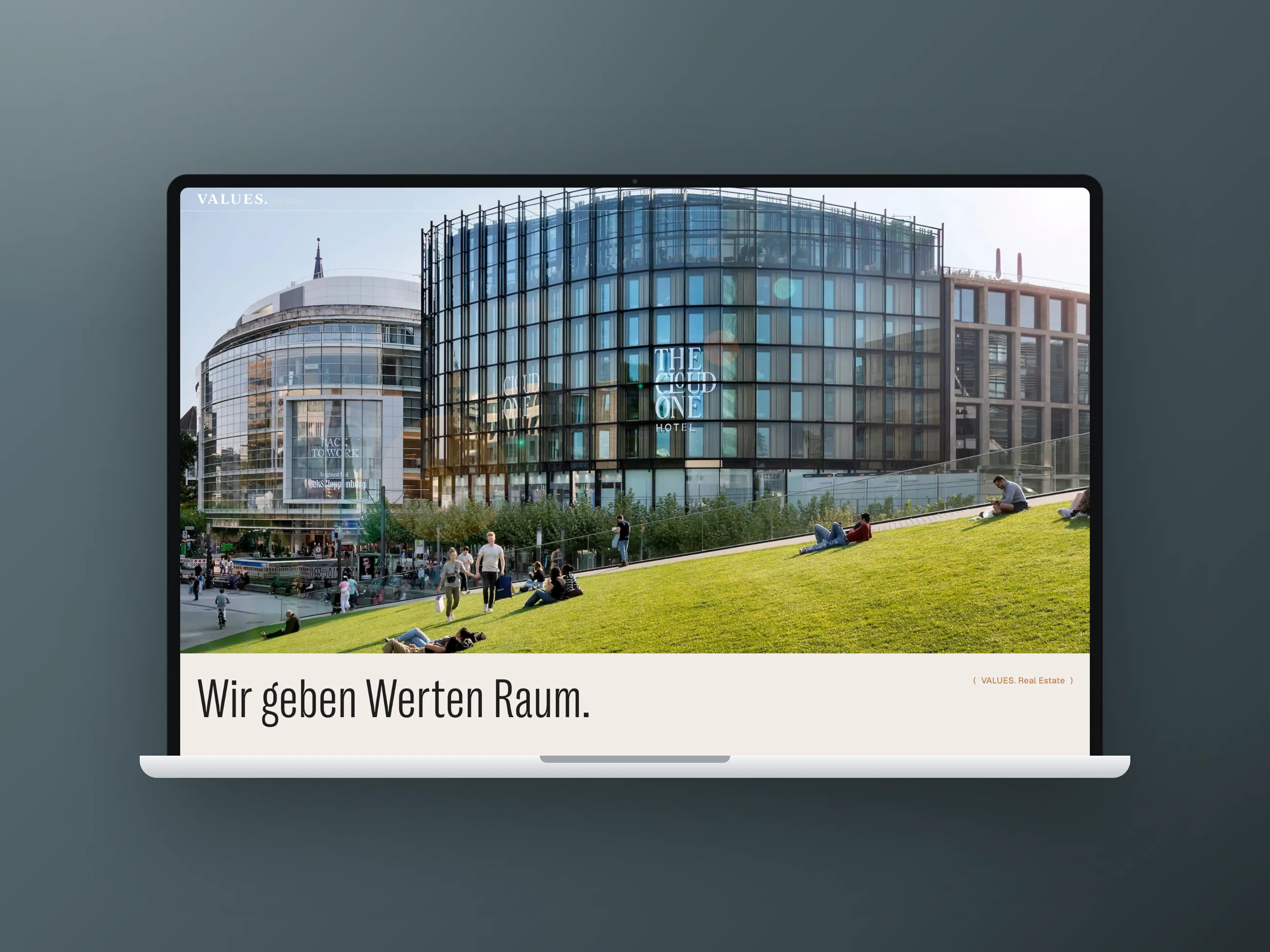 VALUES. Real Estate corporate website, desktop view in a laptop mockup