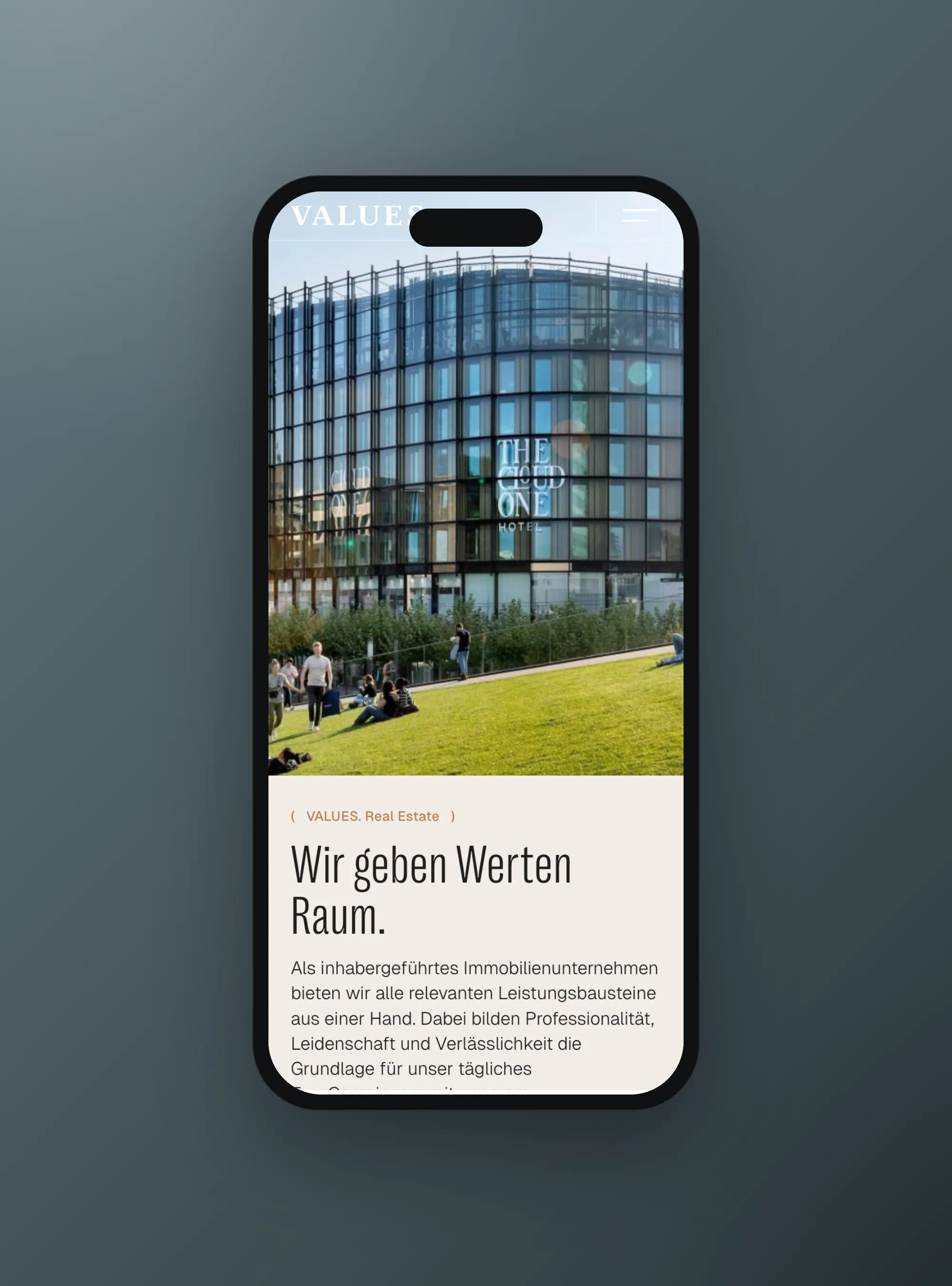 VALUES. Real Estate corporate website, mobile view