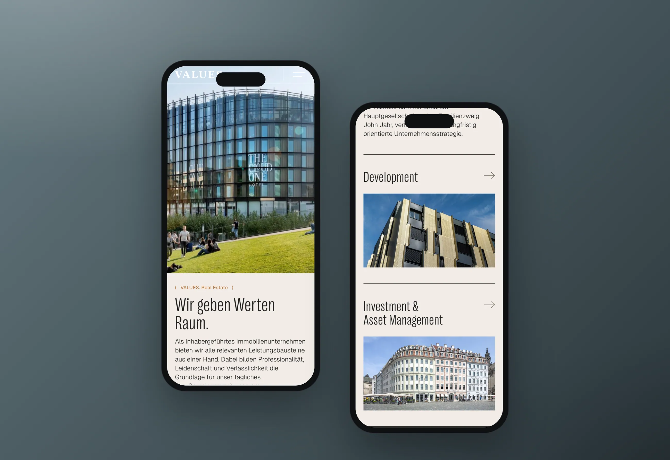 VALUES. Real Estate corporate website, mobile views in smartphone mockups