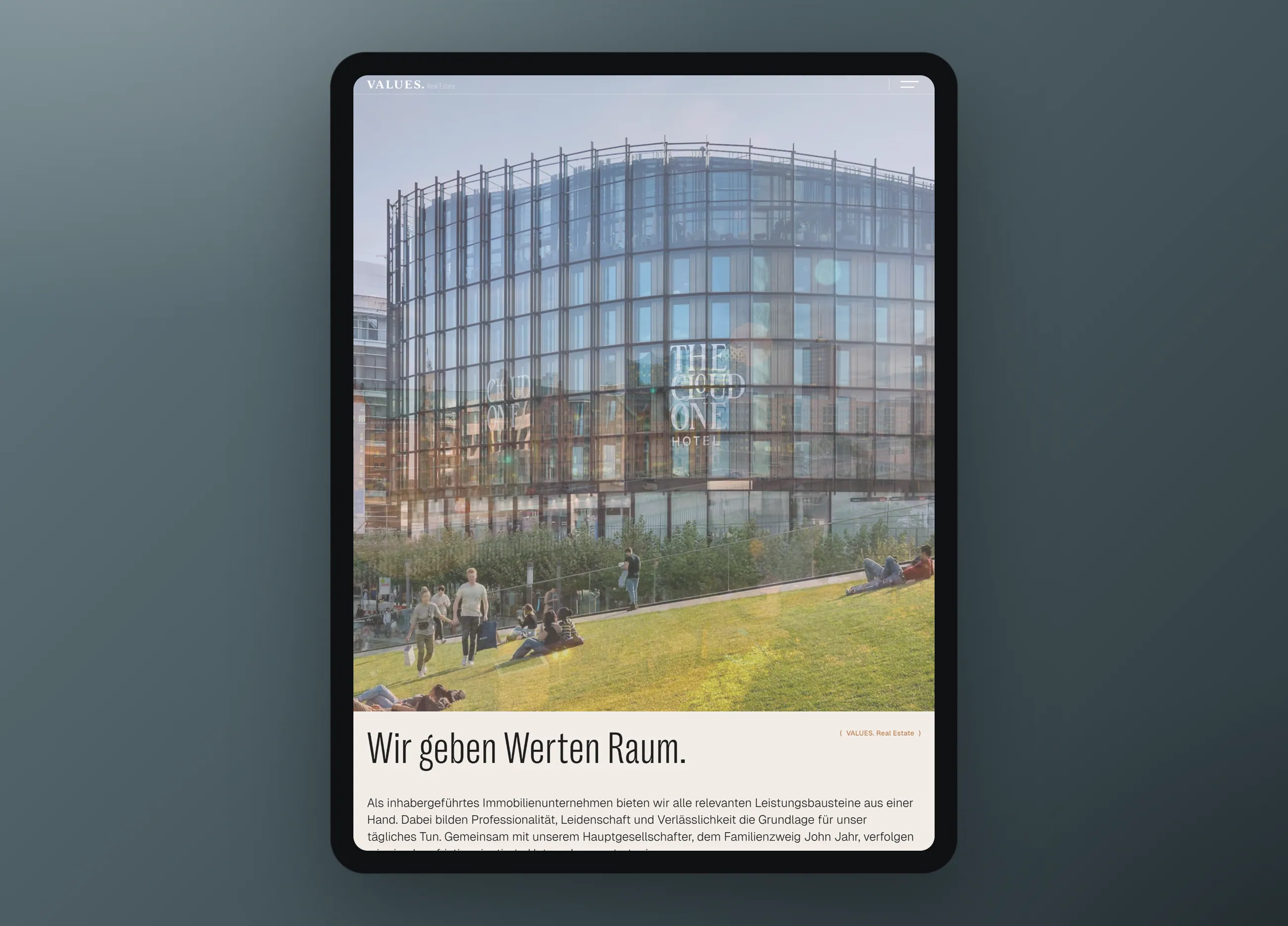 VALUES. Real Estate corporate website, tablet view