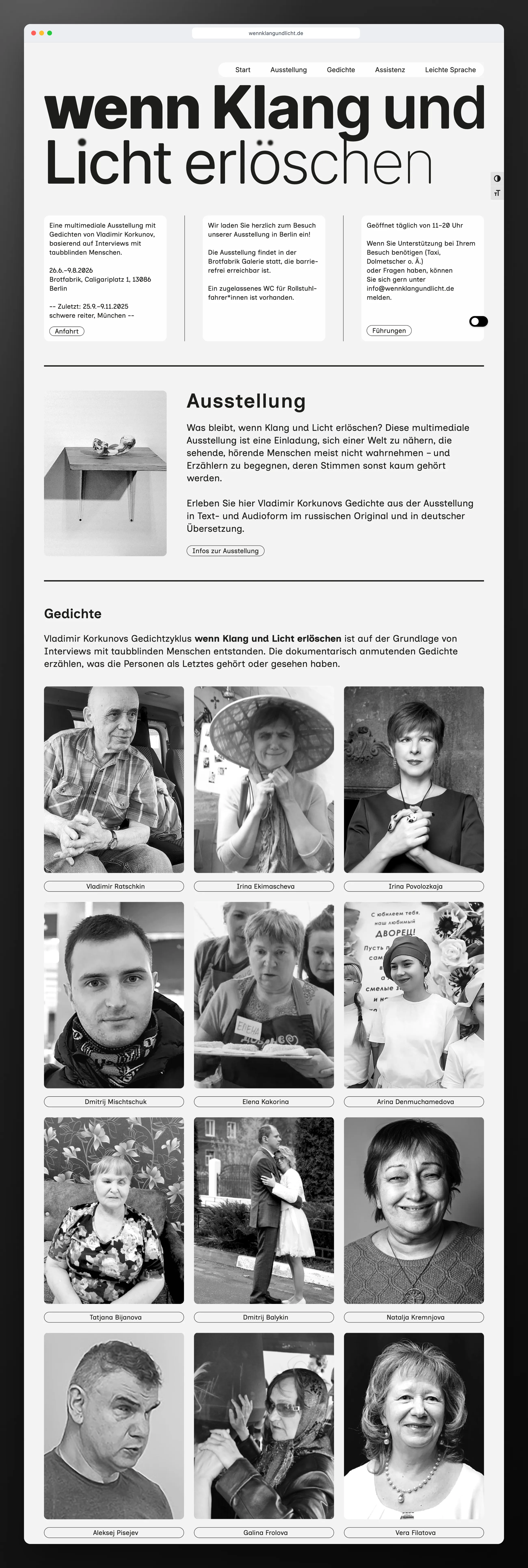 Barrierefreie Ausstellungswebsite wenn Klang und Licht erlöschen, Screenshot der gesamten Startseite im Browserfenster