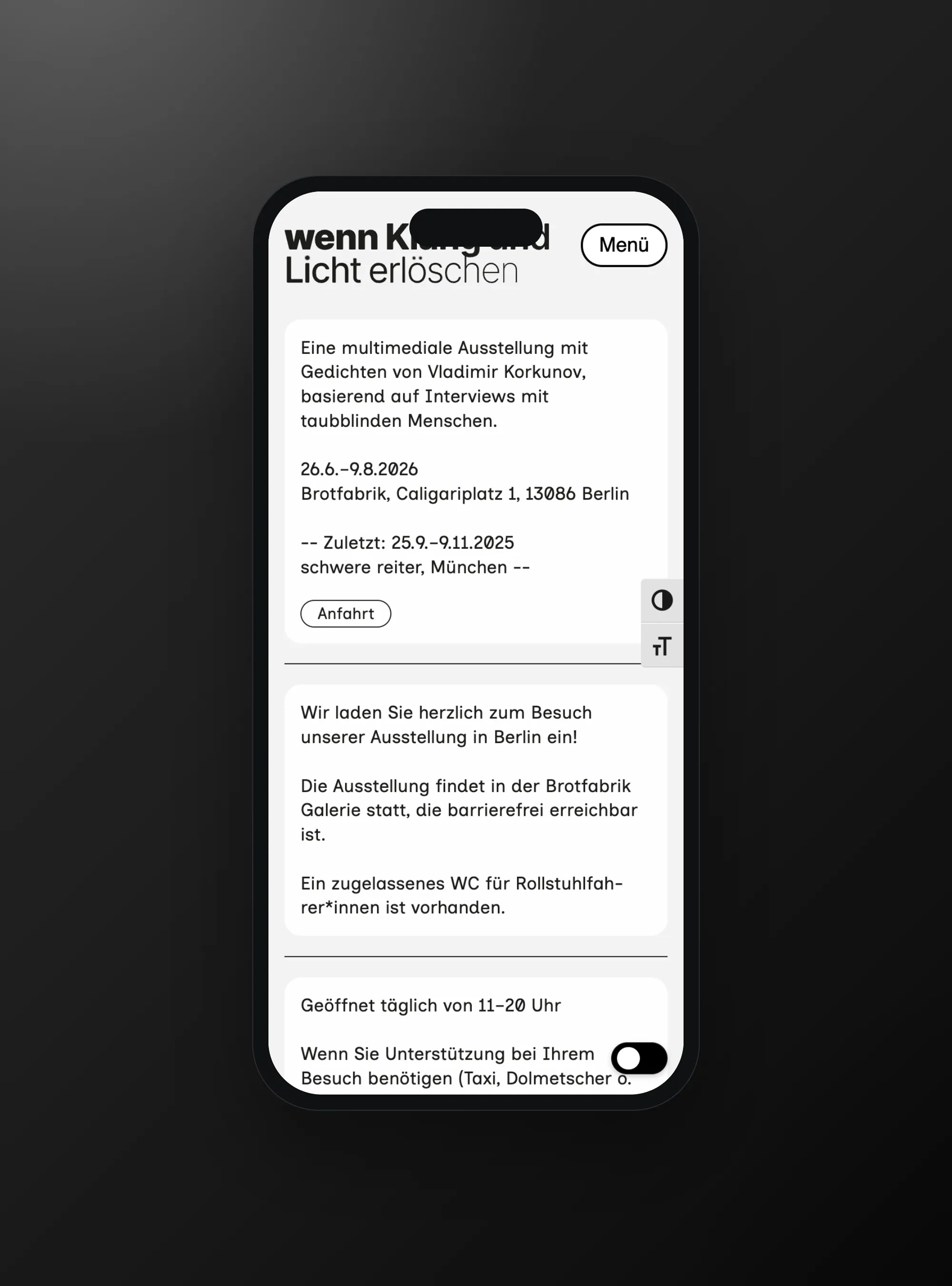 wenn Klang und Licht erlöschen accessible exhibition website, mobile view
