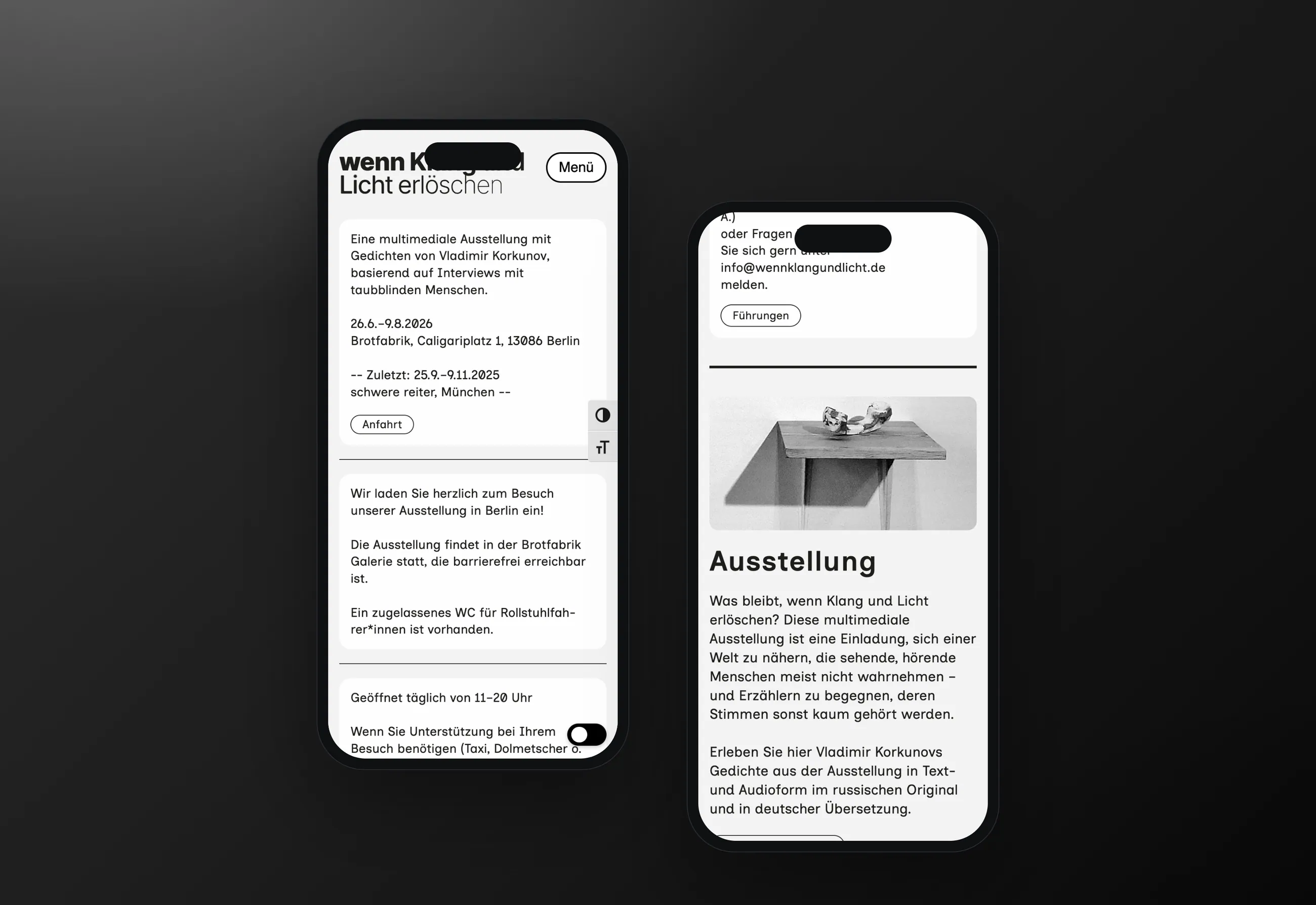 Barrierefreie Ausstellungswebsite wenn Klang und Licht erlöschen, mobile Ansichten in Smartphone-Mockups