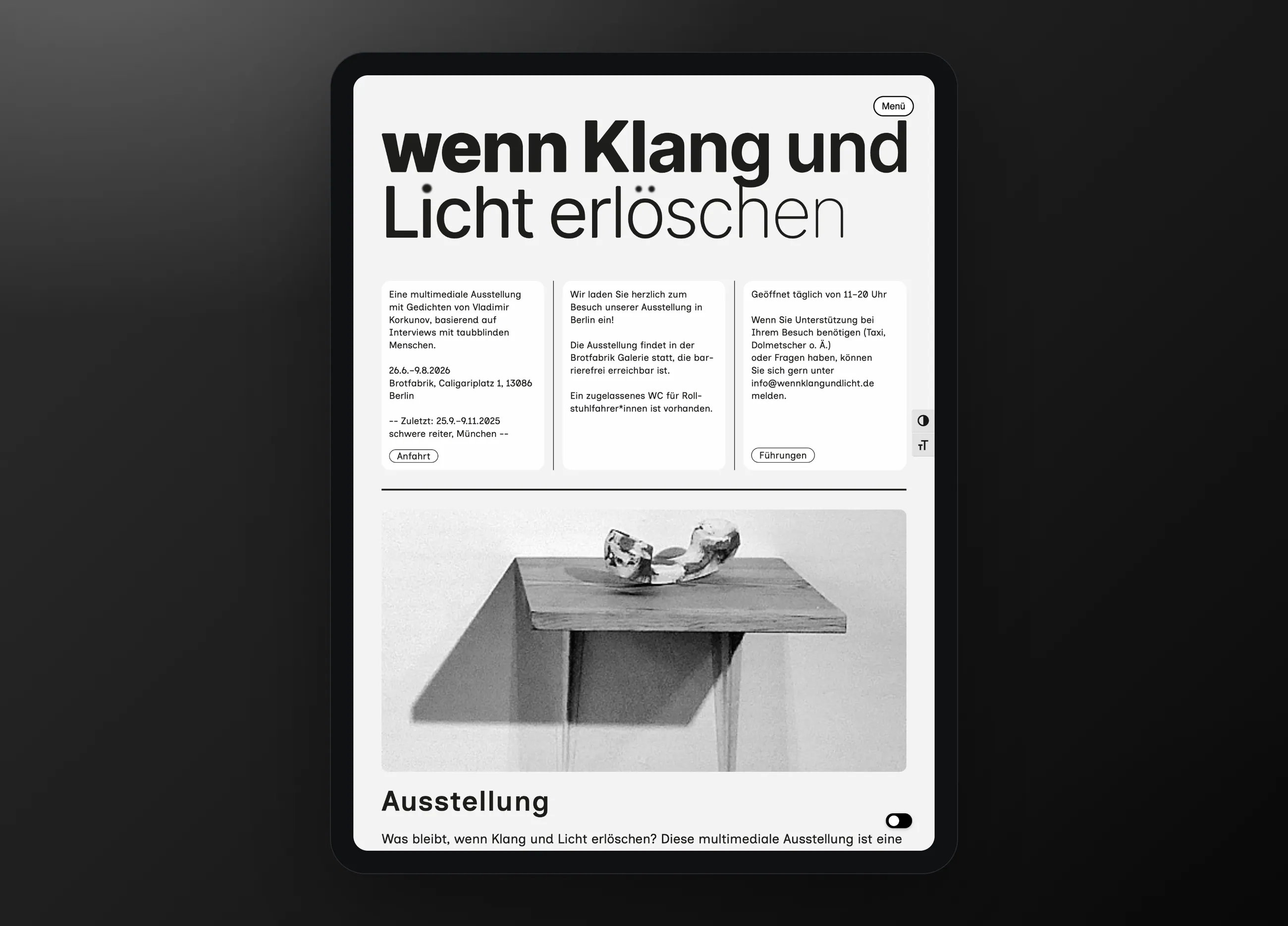Barrierefreie Ausstellungswebsite wenn Klang und Licht erlöschen, Tablet-Ansicht