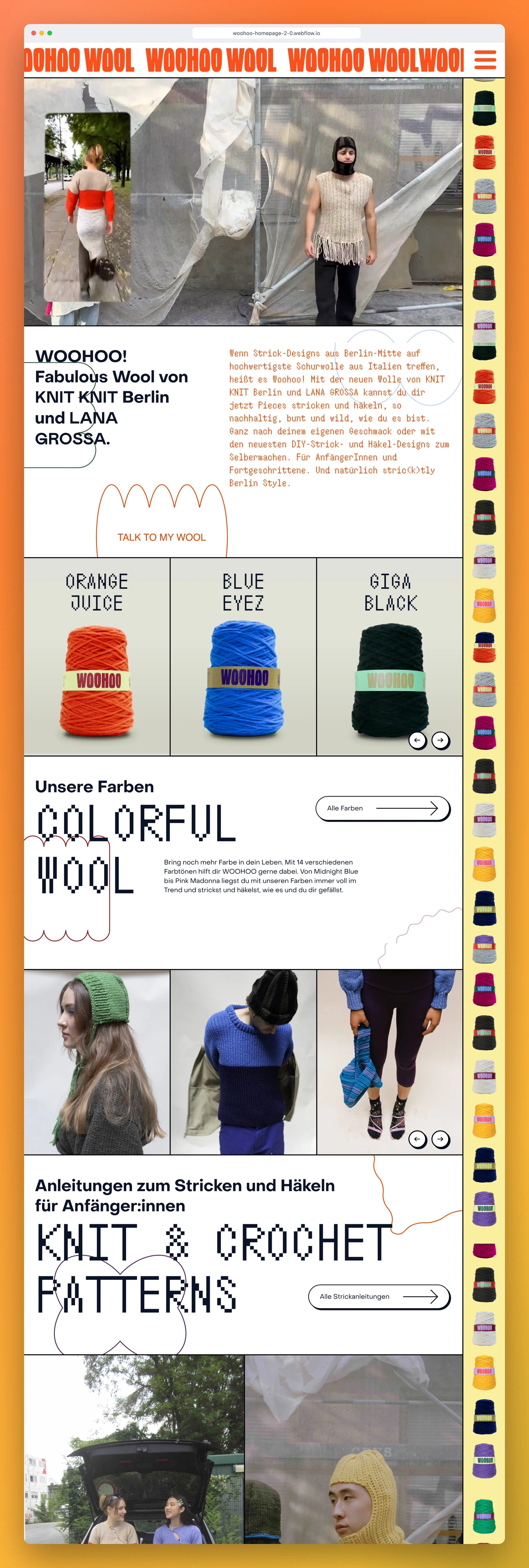 Website der Wollmarke WOOHOO, Screenshot der gesamten Startseite im Browserfenster