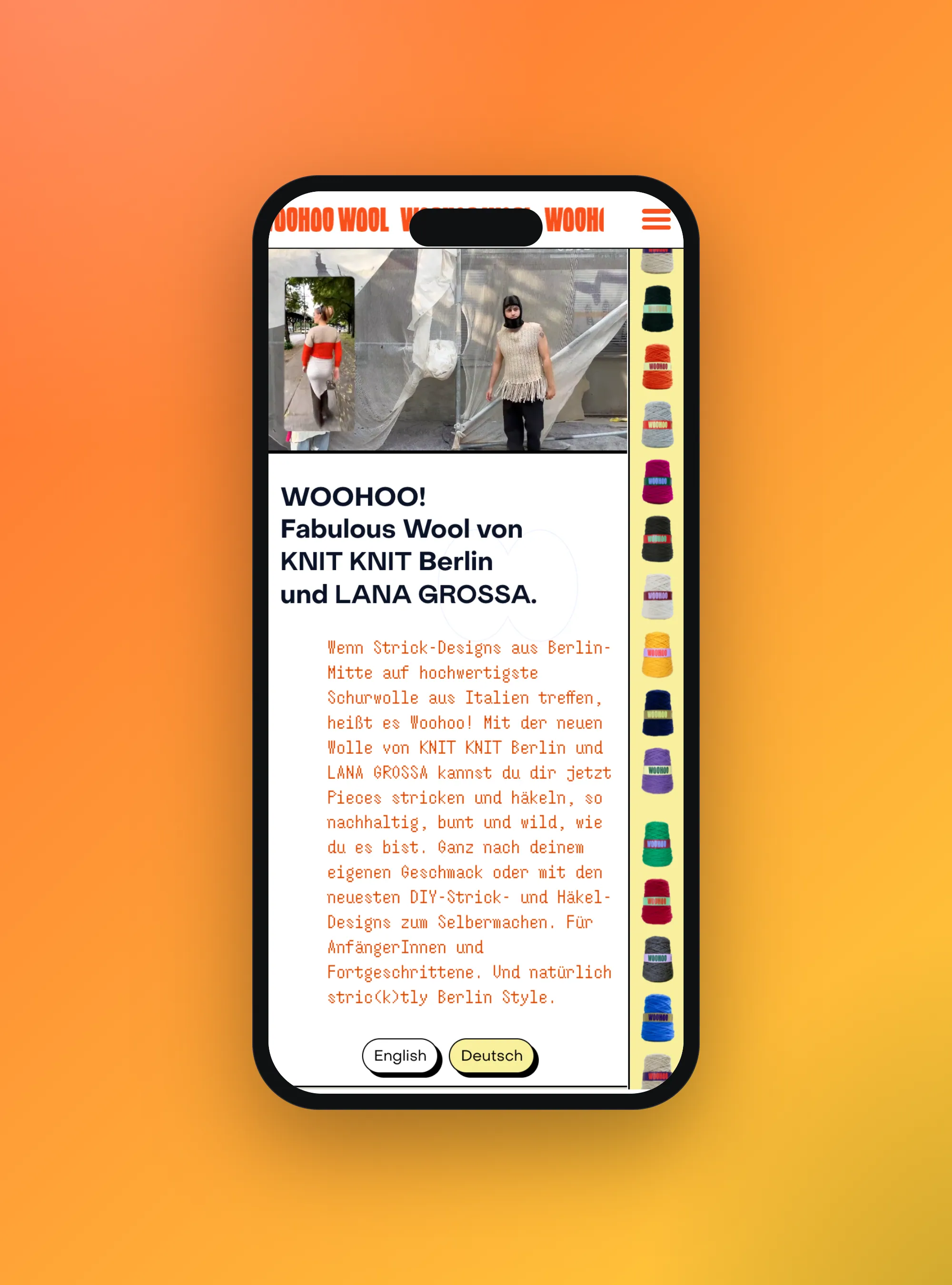 WOOHOO Wool yarn brand website, mobile view