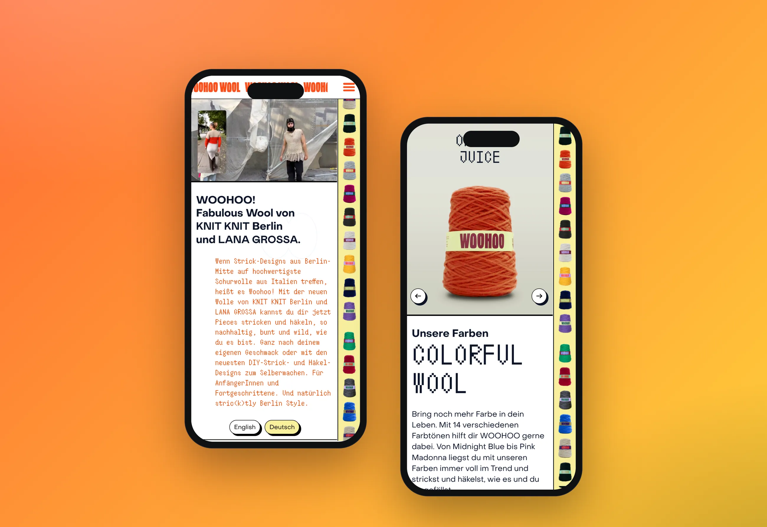 Website der Wollmarke WOOHOO, mobile Ansichten in Smartphone-Mockups