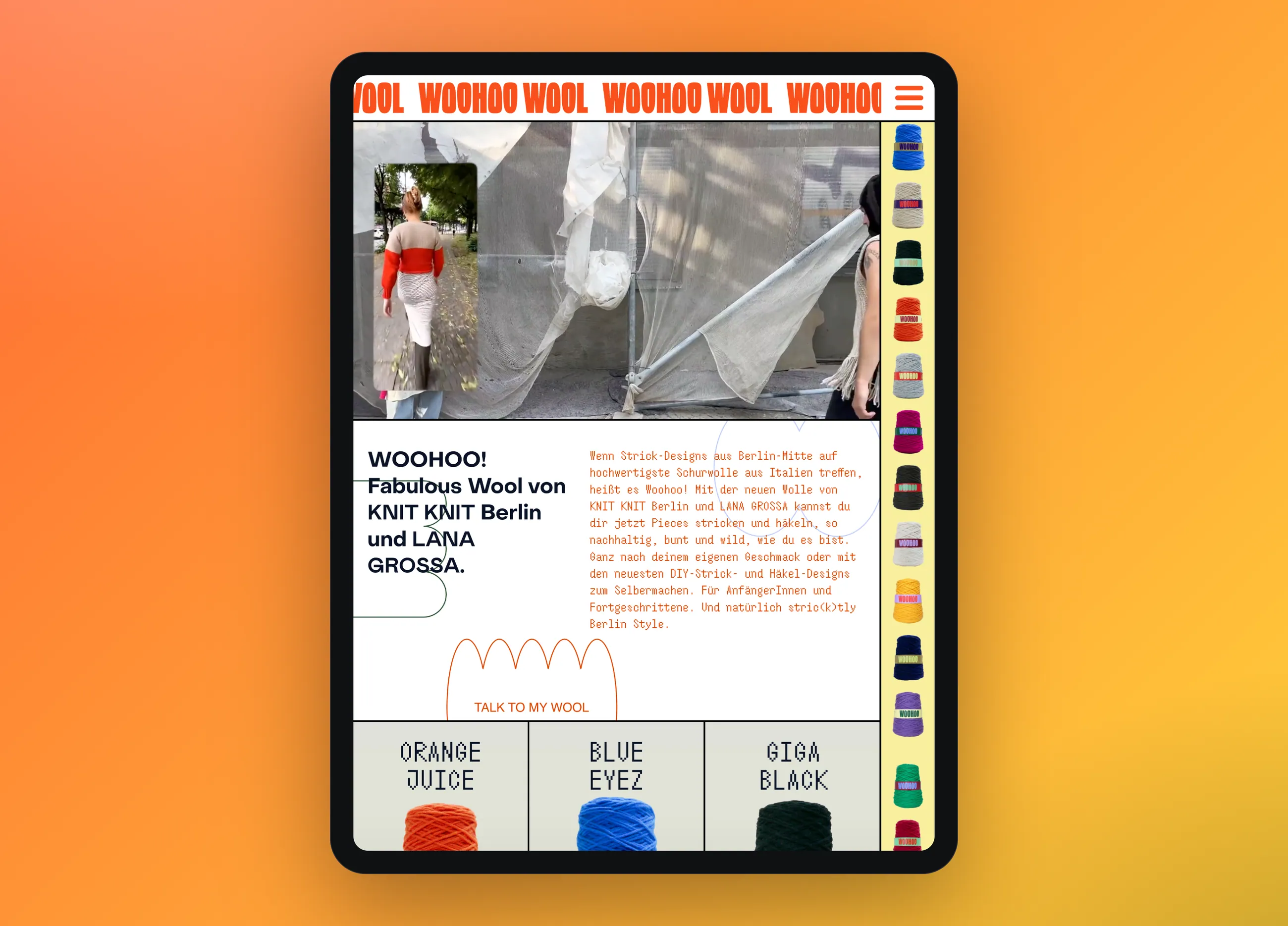 Website der Wollmarke WOOHOO, Tablet-Ansicht